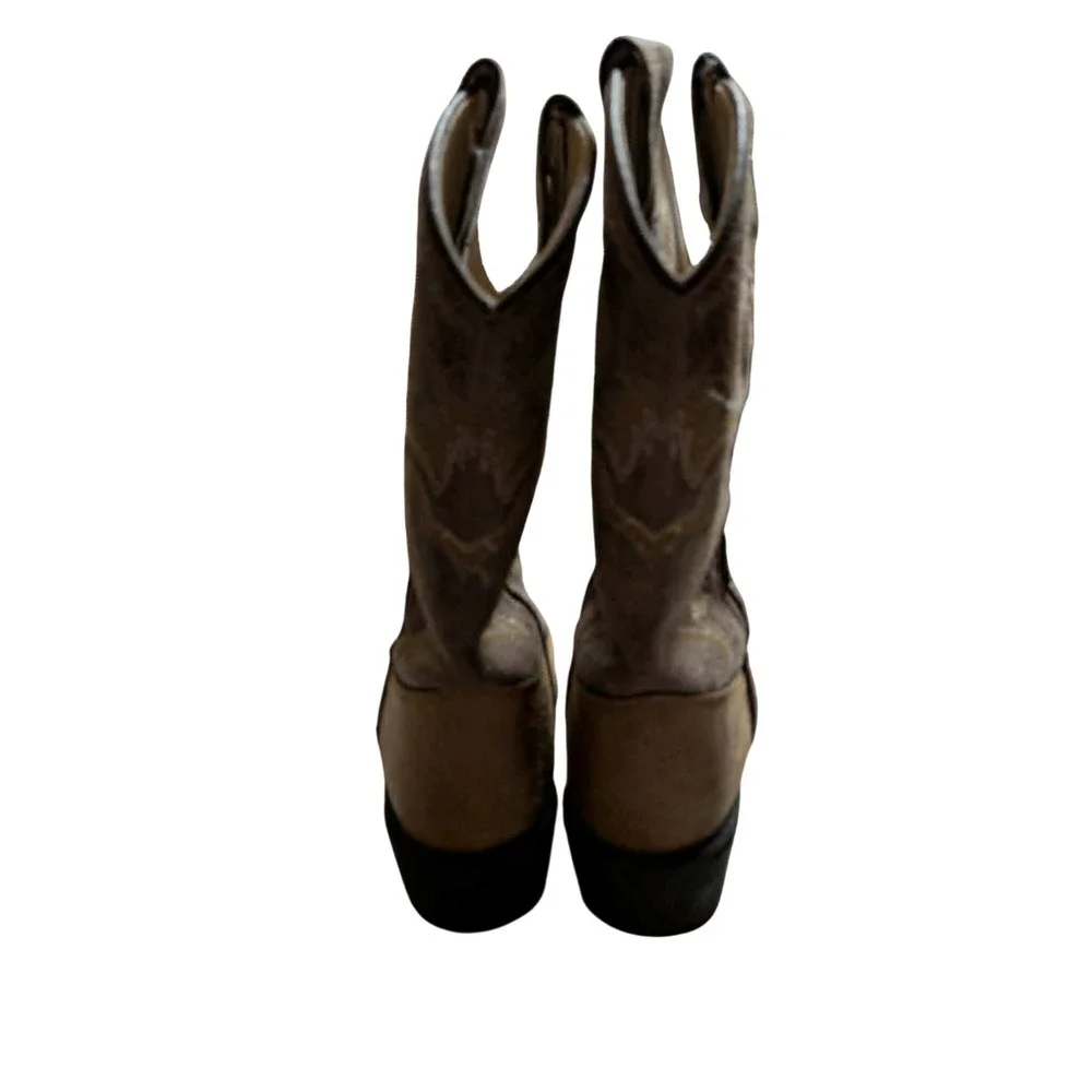 Kids Distressed Brown Leather Western Cowboy Boots Embroidered Round Toe Pull On
